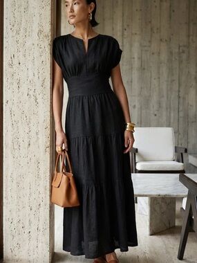 Maggie the Label Linen Sammy Dress V-Neck Tiered Maxi w Cap Sleeves Batchmade M